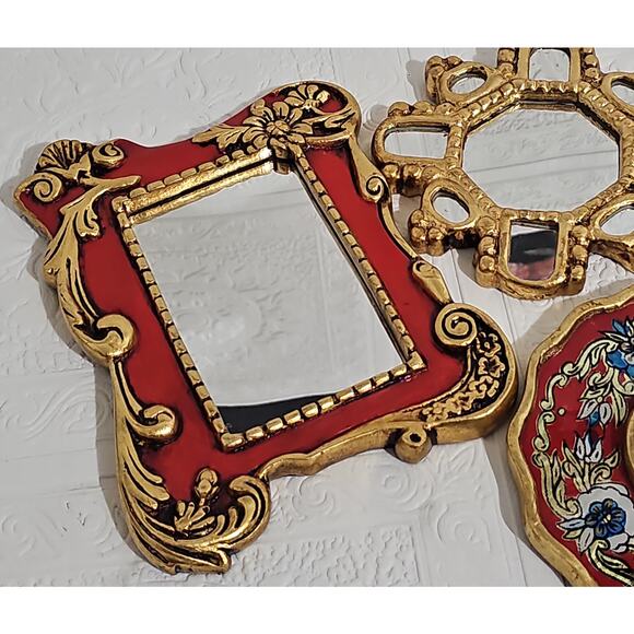 Vintage Red and Gold Ornate Accent Mirror Wall Hanging Scroll Accent Floral - Picture 3 of 13